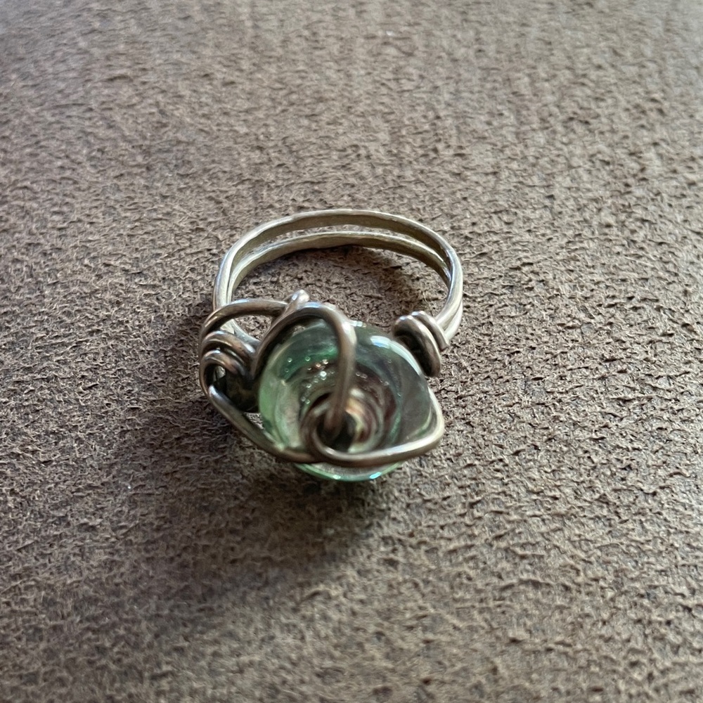 Handcrafted Silver and Green Glass Wire Wrapped Ring